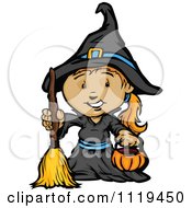 Poster, Art Print Of Halloween Girl In A Witch Costume Holding A Pumpkin Container