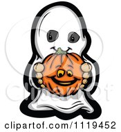 Poster, Art Print Of Halloween Kid In A Ghost Costume Holding Out A Pumpkin