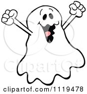 Cartoon Of A Halloween Ghost Cheering Royalty Free Vector Clipart
