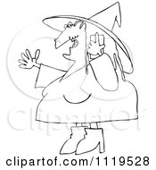 Cartoon Of An Outlined Halloween Witch Talking On A Cell Phone Royalty Free Vector Clipart