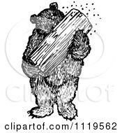 Retro Vintage Black And White Bear Eating Honey From A Log
