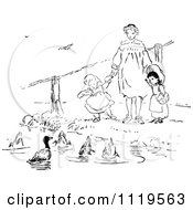 Clipart Of A Retro Vintage Black And White Mother And Girls At A Duck Pond Royalty Free Vector Illustration by Prawny Vintage