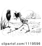 Clipart Of A Retro Vintage Black And White Ugly Birds On A Beach 2 Royalty Free Vector Illustration