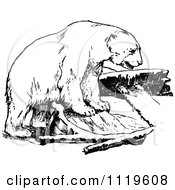 Clipart Of A Retro Vintage Black And White Polar Bear On Boat Ruins Royalty Free Vector Illustration