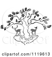 Retro Vintage Black And White Deer Under An Oak Tree