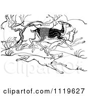 Poster, Art Print Of Retro Vintage Black And White Deer Running From Hunting Dogs