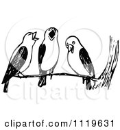 Clipart Of Retro Vintage Black And White Birds Singing Royalty Free Vector Illustration