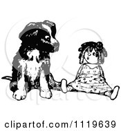 Poster, Art Print Of Retro Vintage Black And White Puppy Sitting With A Doll