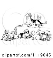 Clipart Of A Retro Vintage Black And White Dogs Resting Royalty Free Vector Illustration