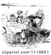 Clipart Of Retro Vintage Black And White Children And Dogs Playing On A Boat In Dry Dock Royalty Free Vector Illustration