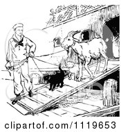 Clipart Of A Retro Vintage Black And White Sailor Debarking A Ship With A Goat Cat And Dog Royalty Free Vector Illustration by Prawny Vintage