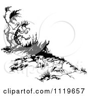 Clipart Of Retro Vintage Black And White Dogs On A Hill Royalty Free Vector Illustration