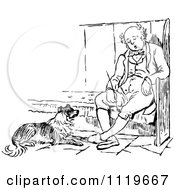Clipart Of A Retro Vintage Black And White Man Sitting By A Dog Royalty Free Vector Illustration