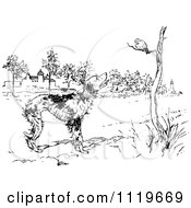 Clipart Of A Retro Vintage Black And White Dog Watching A Bird Royalty Free Vector Illustration