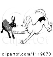 Clipart Of A Retro Vintage Black And White Dog Playing With A Rabbit Royalty Free Vector Illustration