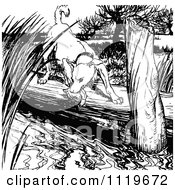 Clipart Of A Retro Vintage Black And White Dog On A Log Over A River Royalty Free Vector Illustration