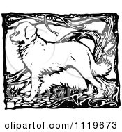 Clipart Of A Retro Vintage Black And White Dog With Vines Royalty Free Vector Illustration