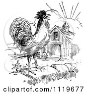 Clipart Of A Retro Vintage Black And White Crowing Rooster Royalty Free Vector Illustration