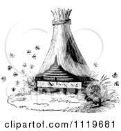 Clipart Of A Retro Vintage Black And White Bees And Hive 4 Royalty Free Vector Illustration