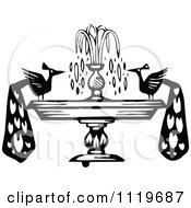 Clipart Of Retro Vintage Black And White Peacocks On A Fountain Royalty Free Vector Illustration