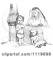 Clipart Of A Retro Vintage Black And White Orphan Kids With A Nun Royalty Free Vector Illustration