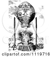 Clipart Of A Retro Vintage Black And White Rising Hot Air Balloon Royalty Free Vector Illustration