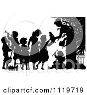 Poster, Art Print Of Retro Vintage Silhouetted Woman Giving Christmas Toys To Children