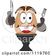Cartoon Of A Happy Boiled Egg Holding Silverware 1 Royalty Free Vector Clipart by Andrei Marincas
