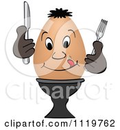 Cartoon Of A Happy Boiled Egg Holding Silverware 2 Royalty Free Vector Clipart by Andrei Marincas
