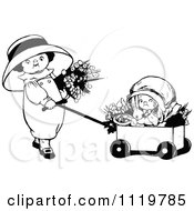 Retro Vintage Black And White Girls With Flowers A Rabbit And Wagon
