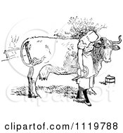 Poster, Art Print Of Retro Vintage Black And White Milk Maid Girl With A Cow