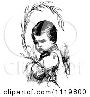 Clipart Of A Retro Vintage Black And White Sulking Boy And Branch Royalty Free Vector Illustration