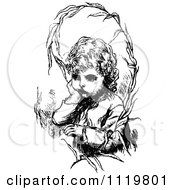 Clipart Of A Retro Vintage Black And White Sulking Girl And Branch Royalty Free Vector Illustration