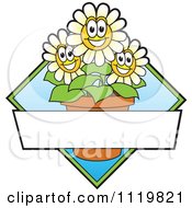 Cartoon Of A Happy Daisy Flower Logo Or Sign Design With Copyspace And A Blue Diamond Royalty Free Vector Clipart