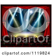 Clipart Of A Silhouetted Theater Audience Facing A Stage With Lights Royalty Free Vector Illustration