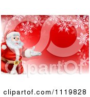 Clipart Of A Red Christmas Background With Santa Presenting And A Snowflake Border Royalty Free Vector Illustration by AtStockIllustration