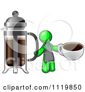 Lime Green Man Barista Holding A Cup Of Coffee By A French Press