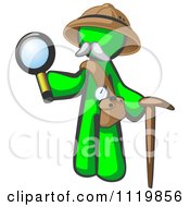 Lime Green Man Explorer With A Pack Cane And Magnifying Glass