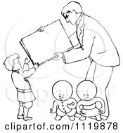 Clipart Of Retro Vintage Black And White Goops Kids Under A Man And Boy With A Sign Royalty Free Vector Illustration