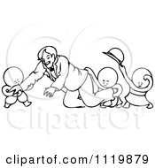 Clipart Of Retro Vintage Black And White Goops Kids Attacking A Man Royalty Free Vector Illustration
