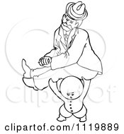 Clipart Of A Retro Vintage Black And White Goops Kid Carrying A Man Royalty Free Vector Illustration