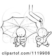 Clipart Of Retro Vintage Black And White Goops Kids With An Umbrella And Drain Spout Royalty Free Vector Illustration