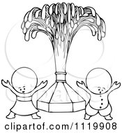 Clipart Of Retro Vintage Black And White Goops Kids By A Fountain Royalty Free Vector Illustration
