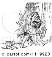 Clipart Of A Retro Vintage Black And White Dog Pulling Twigs From A Man With A Lantern Royalty Free Vector Illustration