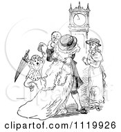 Clipart Of A Retro Vintage Black And White Couple Embracing Near Their Children Royalty Free Vector Illustration