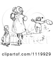 Clipart Of A Retro Vintage Black And White Family Playing In A Meadow Royalty Free Vector Illustration