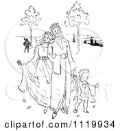 Clipart Of A Retro Vintage Black And White King And Queen With A Son Royalty Free Vector Illustration