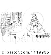 Clipart Of A Retro Vintage Black And White Queen Of Hearts Cooking Royalty Free Vector Illustration