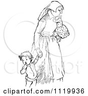 Clipart Of A Retro Vintage Black And White Tired Mother With Children Royalty Free Vector Illustration