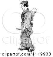 Clipart Of A Retro Vintage Black And White Japanese Mother With A Baby On Her Back Royalty Free Vector Illustration